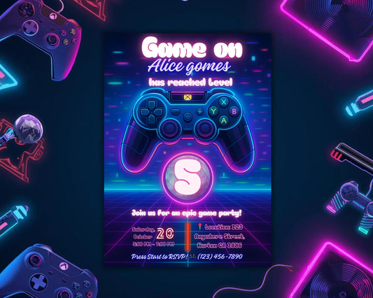 Editable Gamer Birthday Invitation | Neon Game Party | Video Games Birthday Card BBM