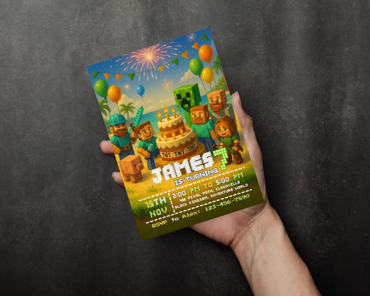 Editable Birthday Invitation | Pixel Desert Party Template | Adventure Game Theme | Boys Birthday Canva Invite BBM