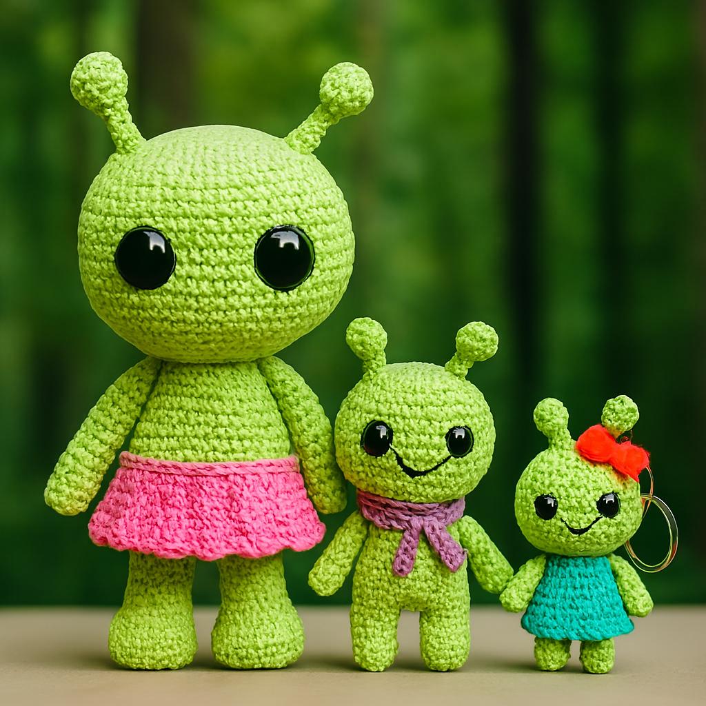 Alien Family Crochet Pattern Bundle | Plushie, Mini Keychain & Baby Amigurumi | Beginner Friendly PDF BBM