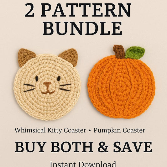 Crochet Coaster Pattern Bundle | 2 Easy PDF Patterns – Cat & Pumpkin Coaster Set BBM