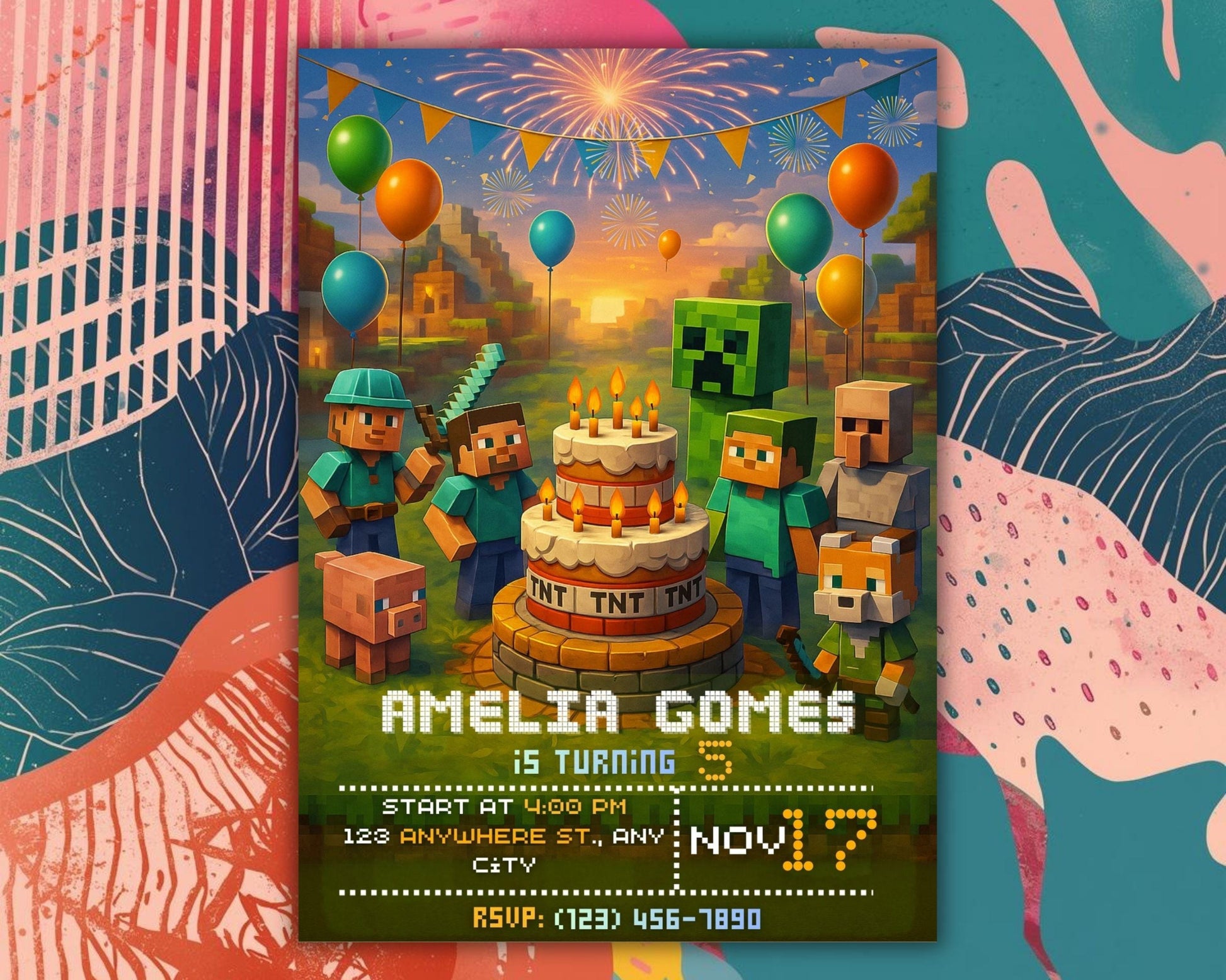 Gamer Birthday Invitation | Pixel Block Party, Adventure Game (Digital Download Card) BBM