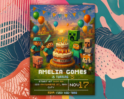 Gamer Birthday Invitation | Pixel Block Party, Adventure Game (Digital Download Card) BBM