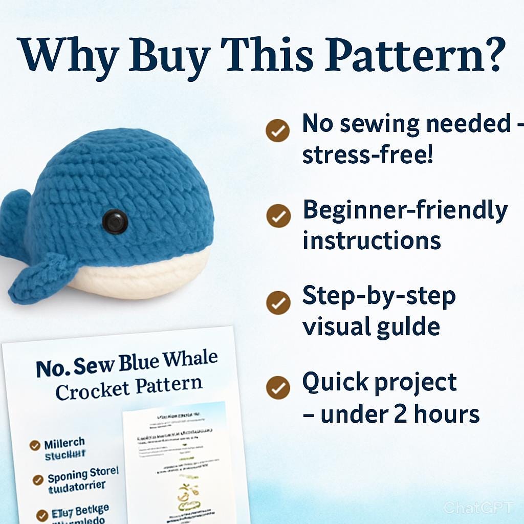 Whale Crochet Pattern PDF | Beginner Friendly No-Sew Amigurumi Plush DIY BBM