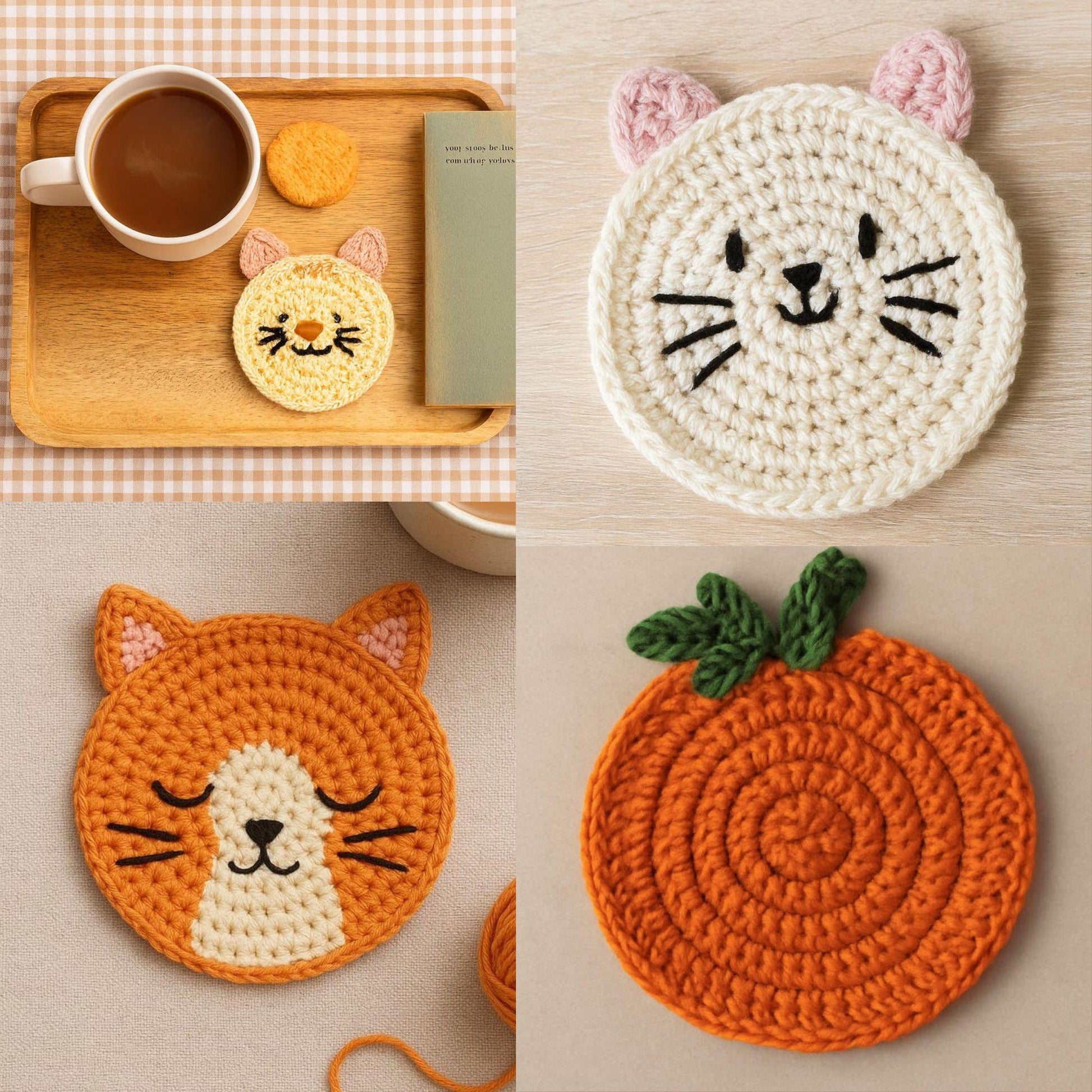 Crochet Coaster Pattern Bundle | 2 Easy PDF Patterns – Cat & Pumpkin Coaster Set BBM