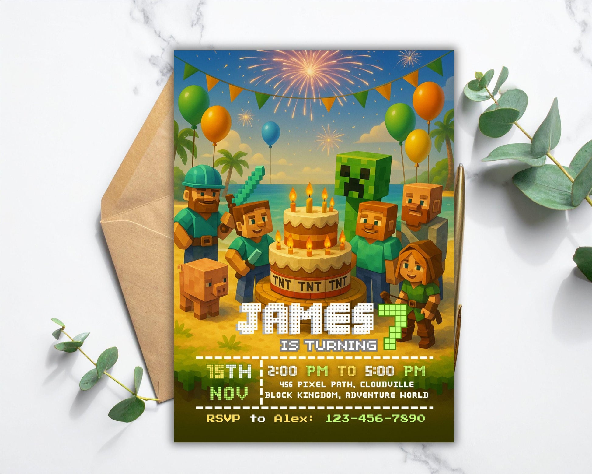 Editable Birthday Invitation | Pixel Desert Party Template | Adventure Game Theme | Boys Birthday Canva Invite BBM