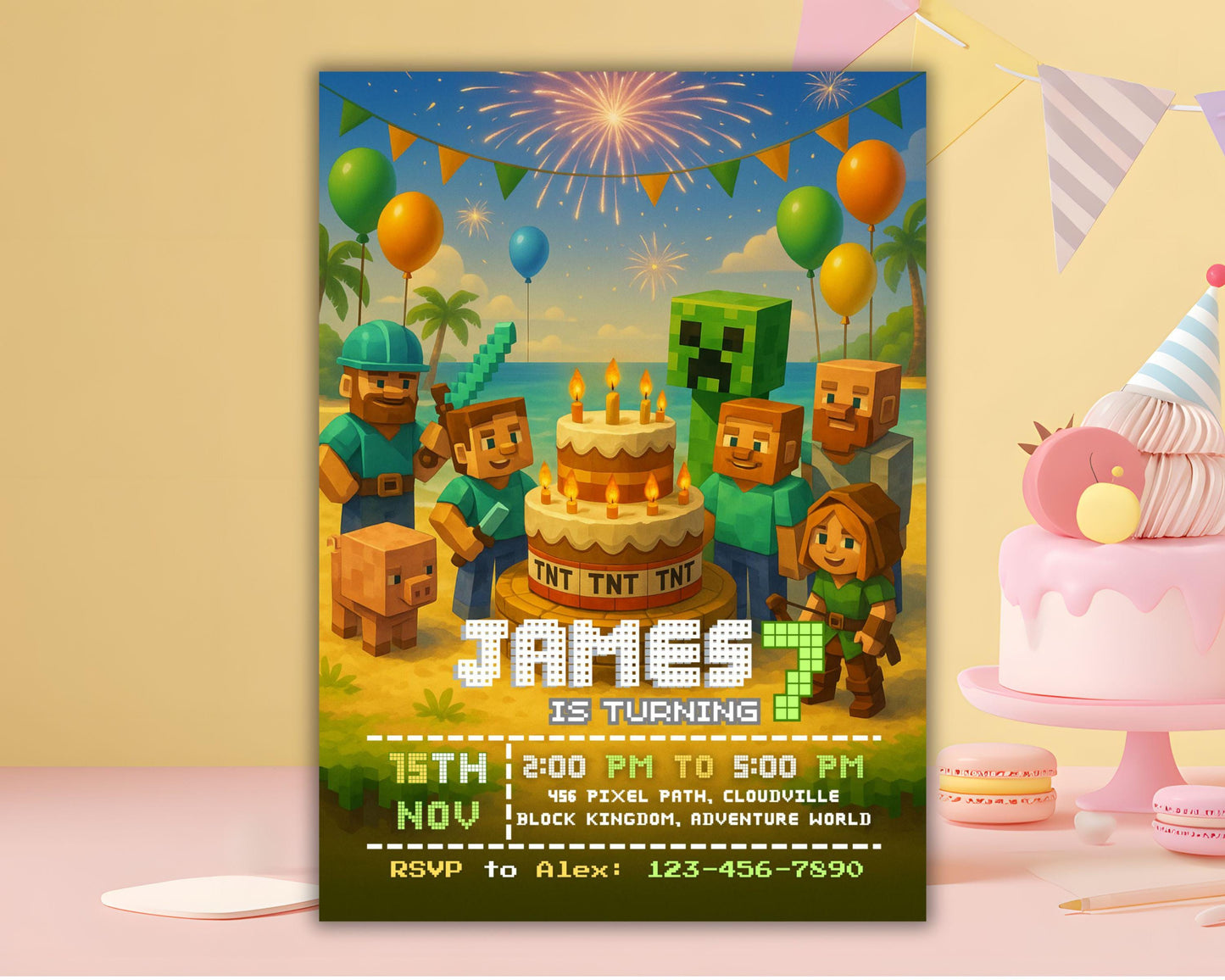 Editable Birthday Invitation | Pixel Desert Party Template | Adventure Game Theme | Boys Birthday Canva Invite BBM