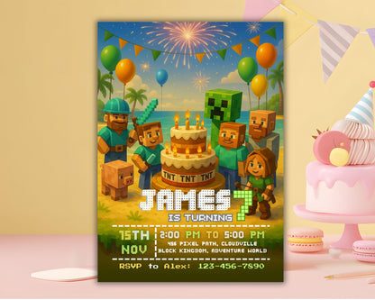 Editable Birthday Invitation | Pixel Desert Party Template | Adventure Game Theme | Boys Birthday Canva Invite BBM