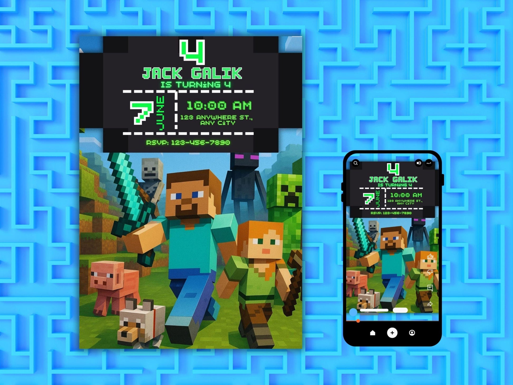 Editable Pixel Game Birthday Invitation | Block Party Card Canva Template (5x7) Digital File BBM