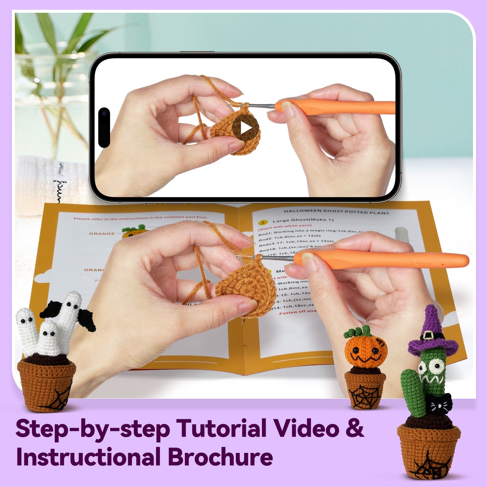 Halloween Plants with Ghost Amigurumi DIY Crochet Kit Wizardi F07N8-M226 Wizardi
