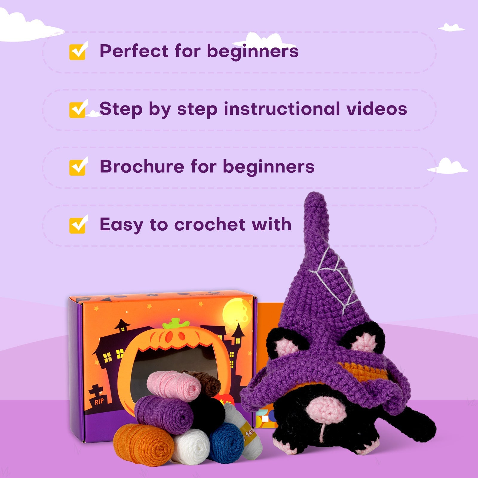 Halloween Cat Gnomes Amigurumi DIY Crochet Kit Wizardi F07N8-M210 Wizardi