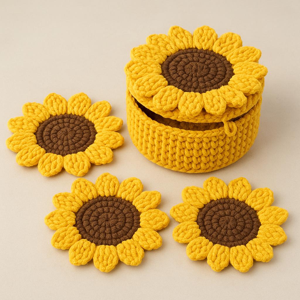 Sunflower Coaster Crochet Pattern | Basket & Lid PDF | DIY Flower Home Decor BBM
