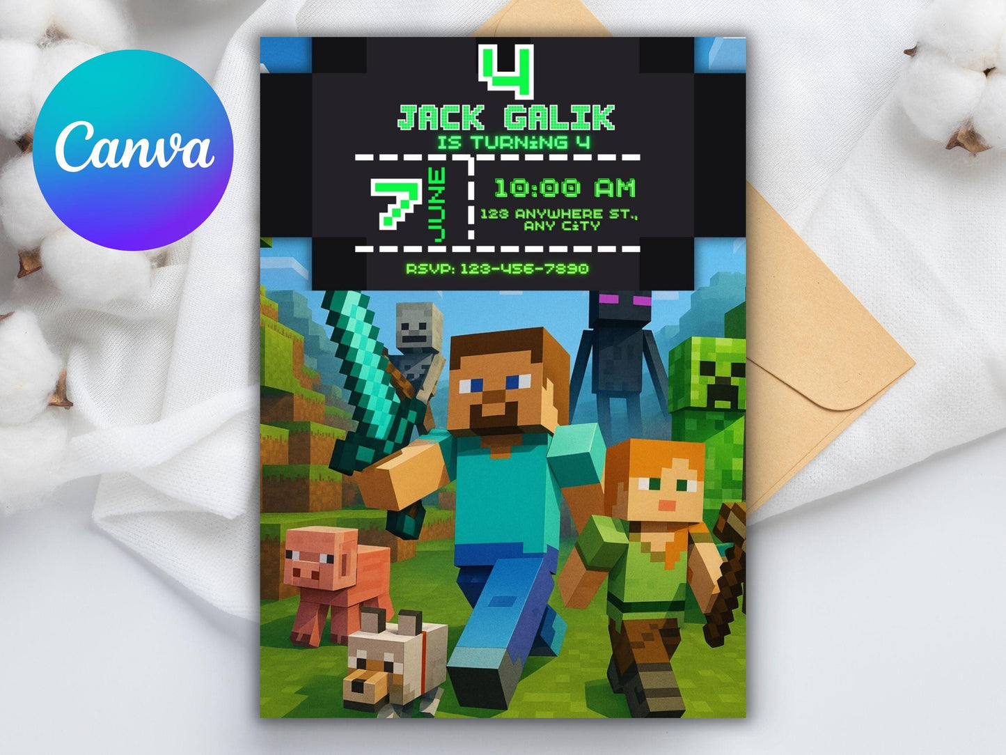 Editable Pixel Game Birthday Invitation | Block Party Card Canva Template (5x7) Digital File BBM