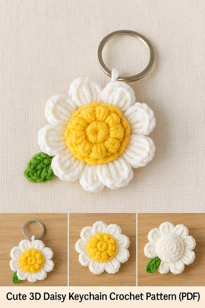 3D Daisy Keychain Crochet Pattern | Puff Stitch Flower PDF | Easy Crochet Gift Tutorial BBM
