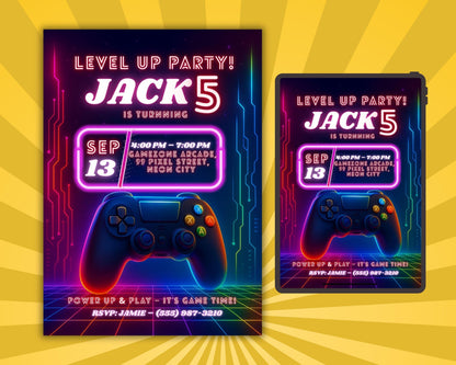 Gamer Birthday Invitation | Neon Cyberpunk Party Template | Video Game Birthday Invite BBM