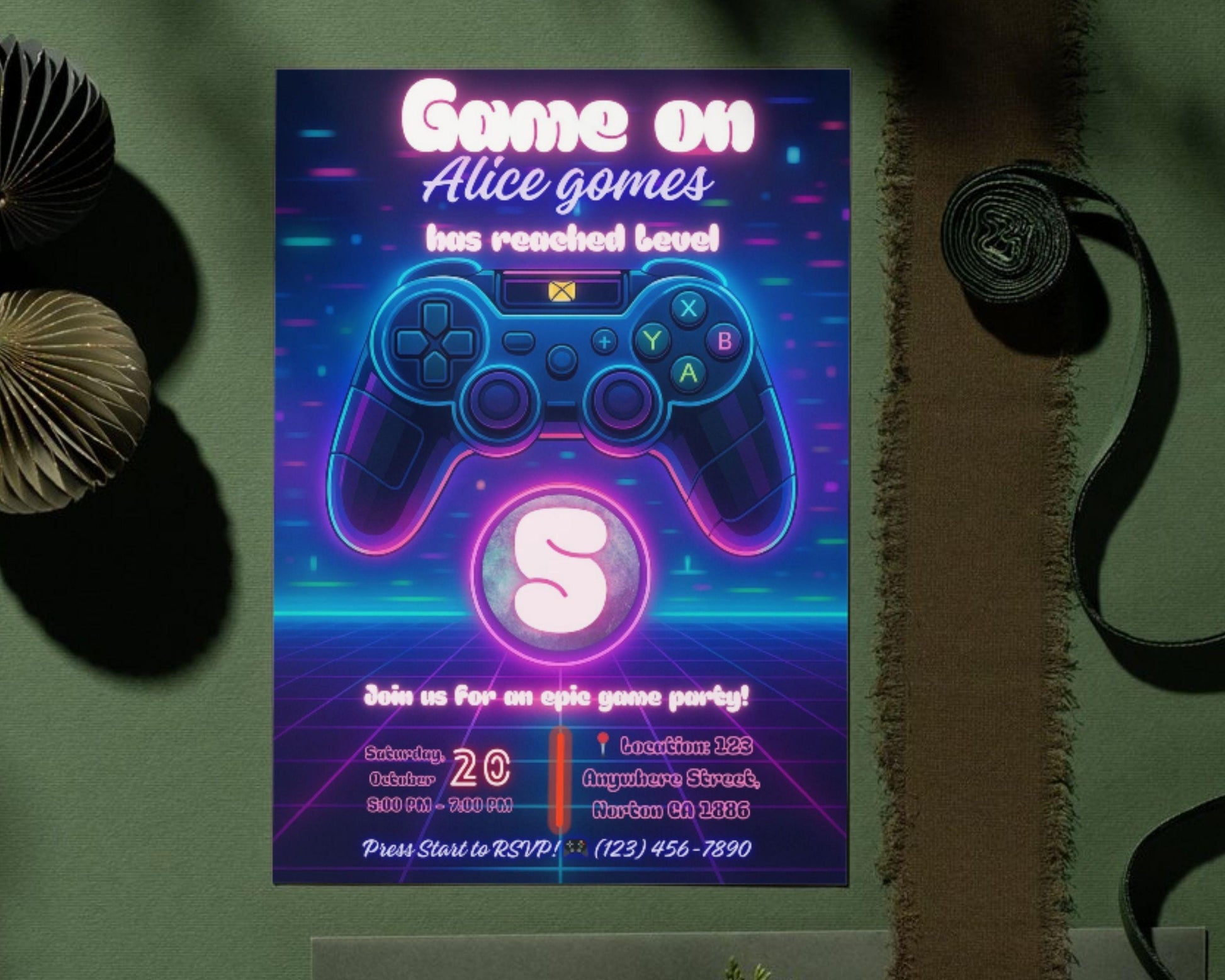 Editable Gamer Birthday Invitation | Neon Game Party | Video Games Birthday Card BBM