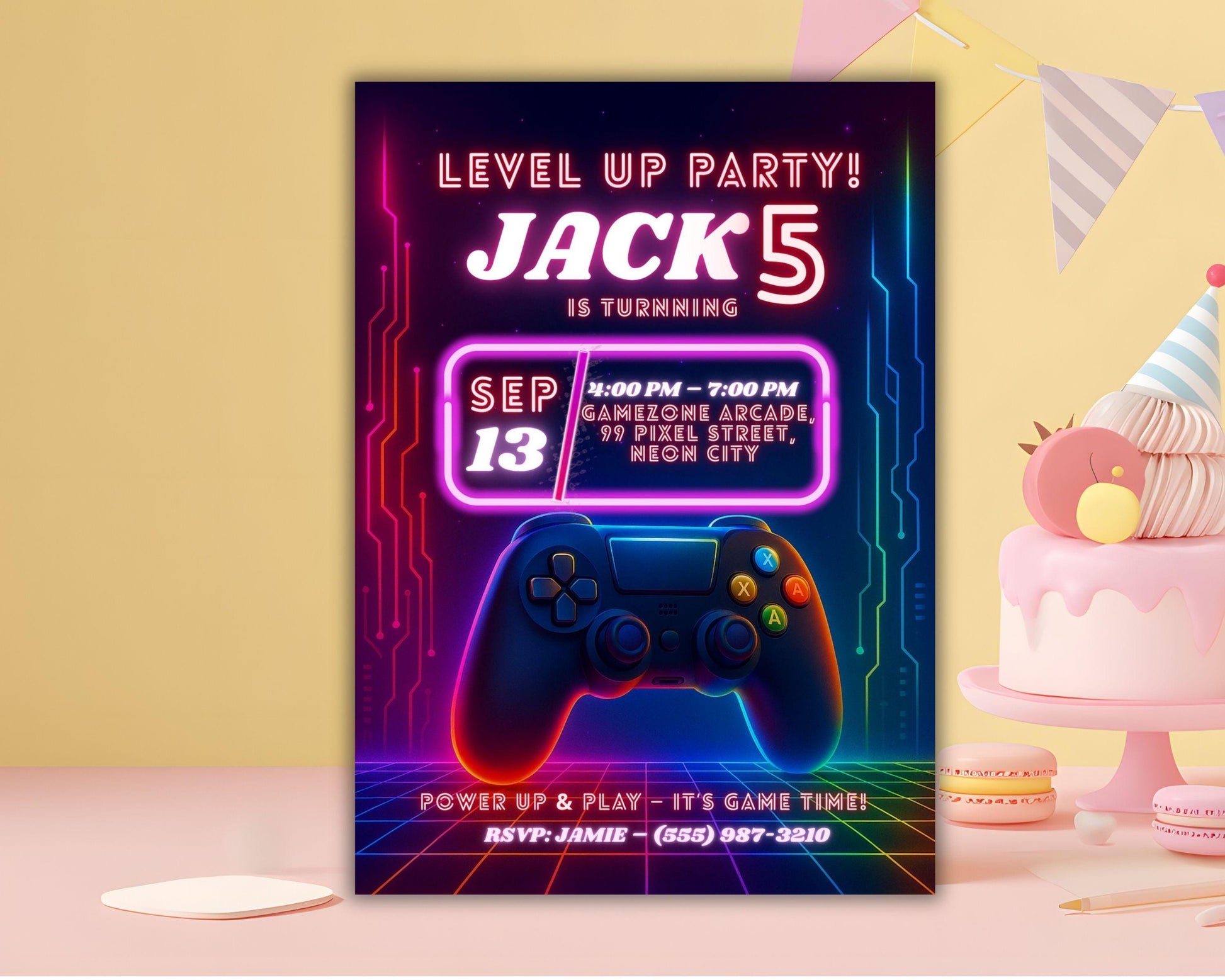 Gamer Birthday Invitation | Neon Cyberpunk Party Template | Video Game Birthday Invite BBM