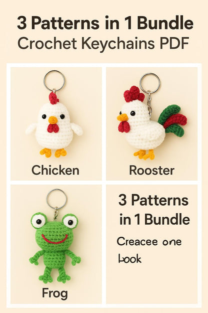 Farm Animal Crochet Pattern PDF | Amigurumi Keychains Chicken, Rooster & Frog BBM