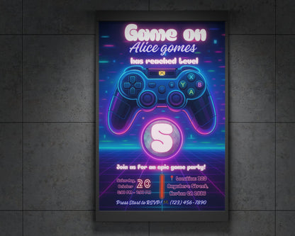 Editable Gamer Birthday Invitation | Neon Game Party | Video Games Birthday Card BBM
