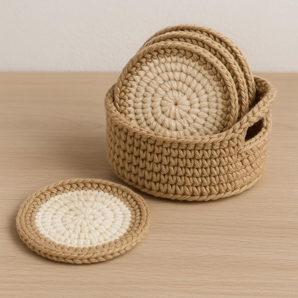 Crochet Coasters Pattern with Basket: Easy Round Coasters (PDF Download) BBM