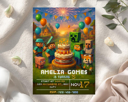 Gamer Birthday Invitation | Pixel Block Party, Adventure Game (Digital Download Card) BBM