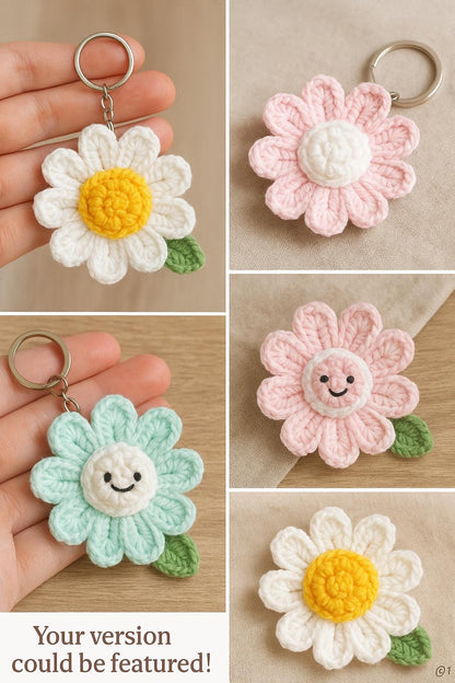 3D Daisy Keychain Crochet Pattern | Puff Stitch Flower PDF | Easy Crochet Gift Tutorial BBM