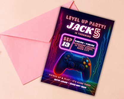 Gamer Birthday Invitation | Neon Cyberpunk Party Template | Video Game Birthday Invite BBM