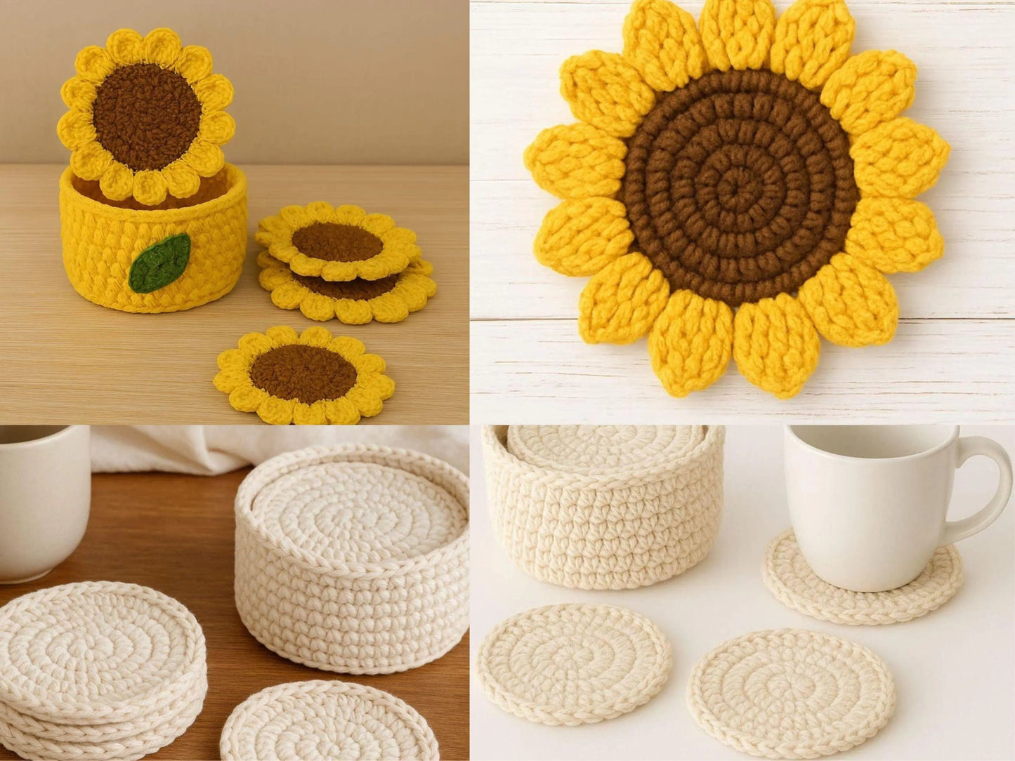 Crochet Pattern Bundle: Beginner Coaster Holder & Sunflower Coaster Basket BBM