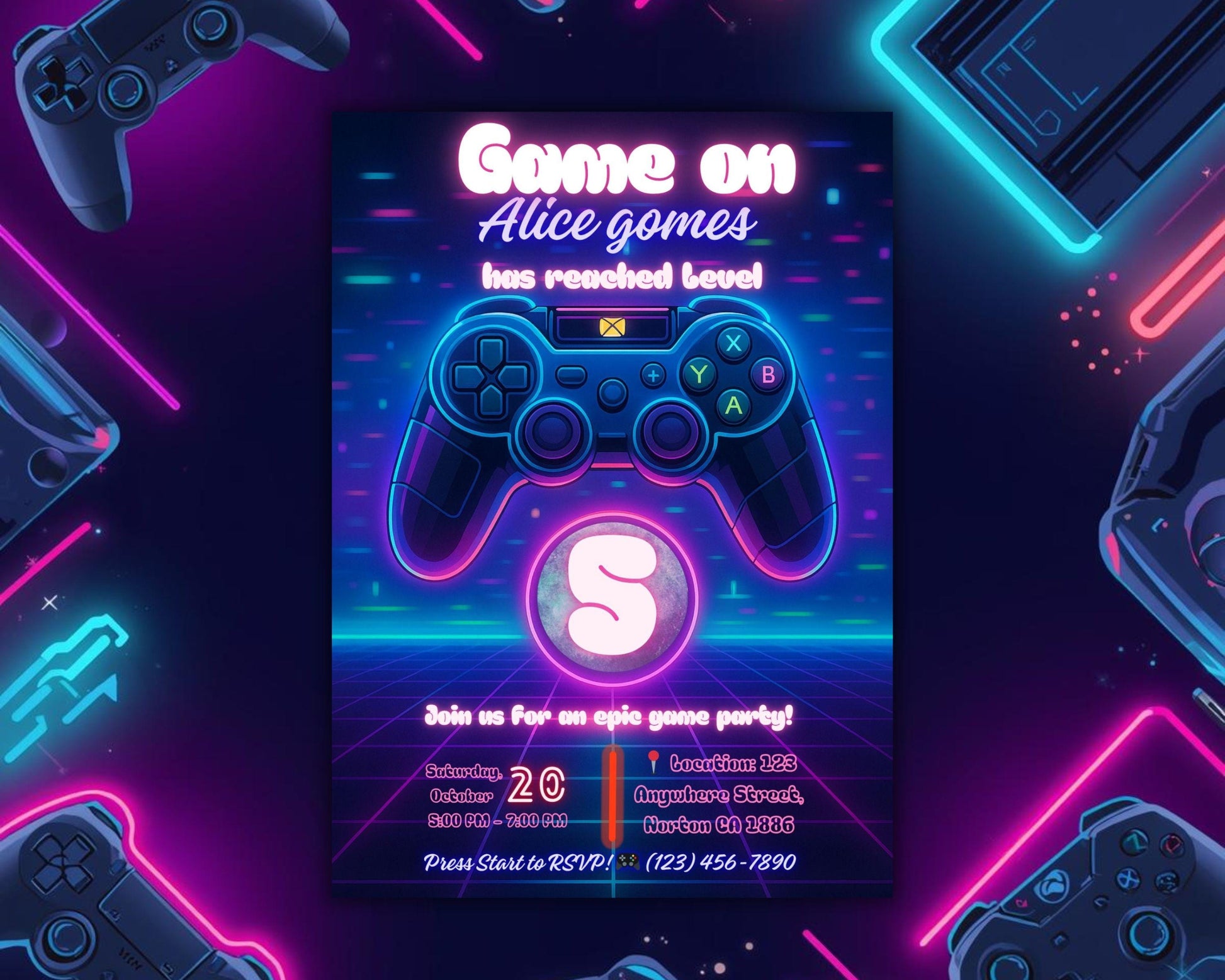 Editable Gamer Birthday Invitation | Neon Game Party | Video Games Birthday Card BBM