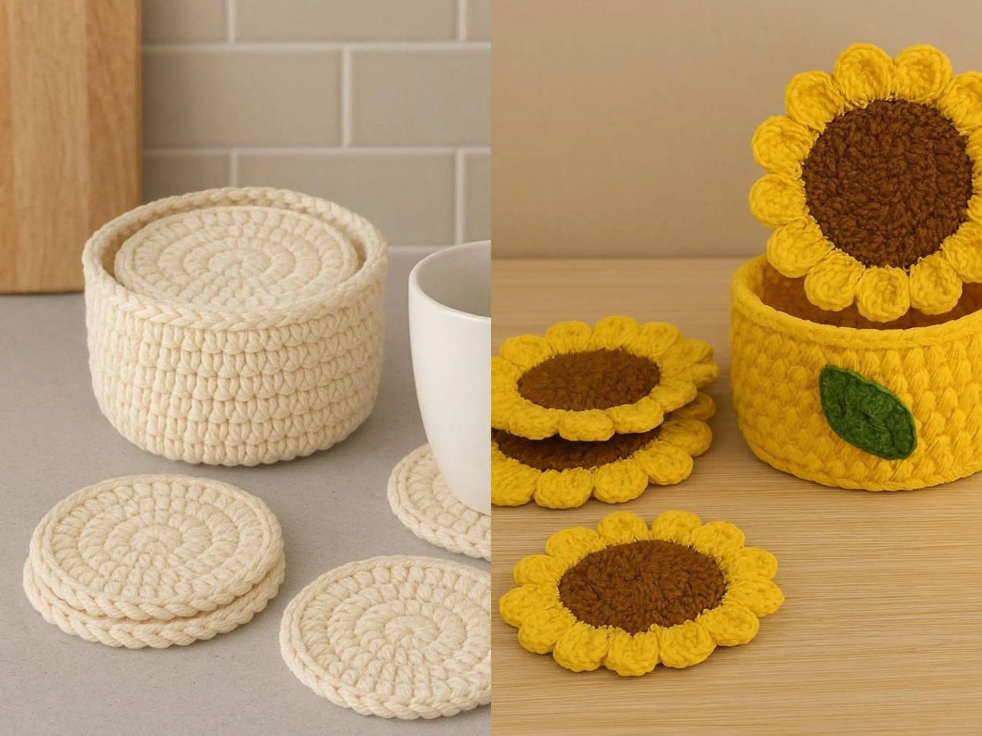 Crochet Pattern Bundle: Beginner Coaster Holder & Sunflower Coaster Basket BBM