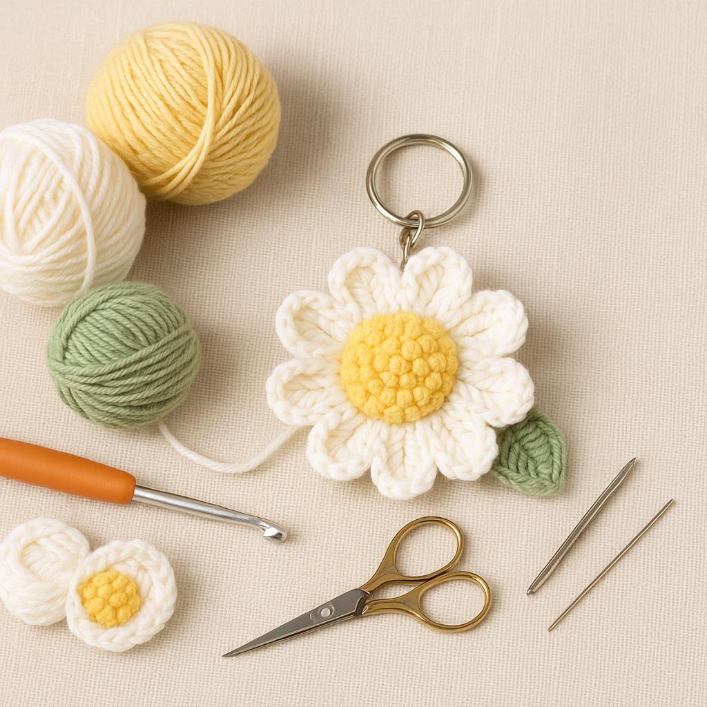 3D Daisy Keychain Crochet Pattern | Puff Stitch Flower PDF | Easy Crochet Gift Tutorial BBM