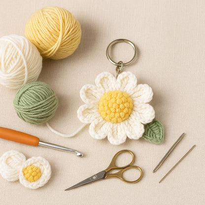 3D Daisy Keychain Crochet Pattern | Puff Stitch Flower PDF | Easy Crochet Gift Tutorial BBM