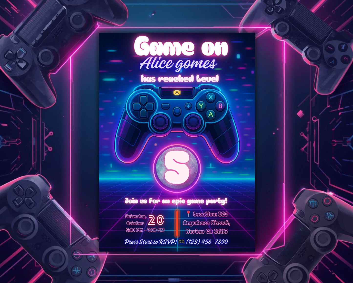 Editable Gamer Birthday Invitation | Neon Game Party | Video Games Birthday Card BBM