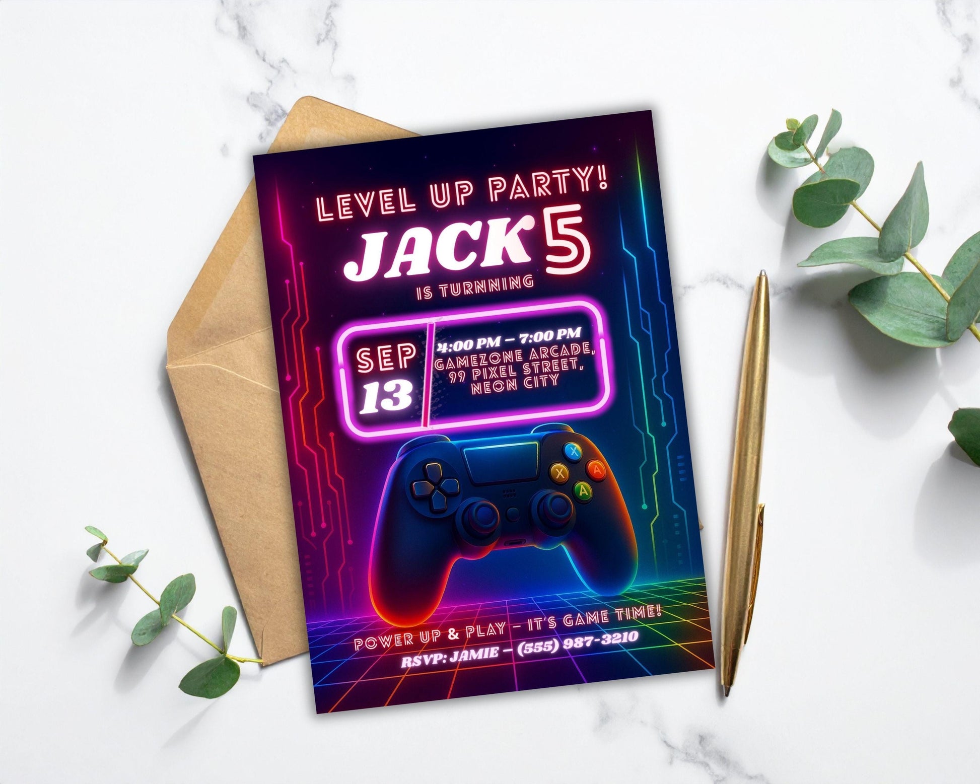 Gamer Birthday Invitation | Neon Cyberpunk Party Template | Video Game Birthday Invite BBM