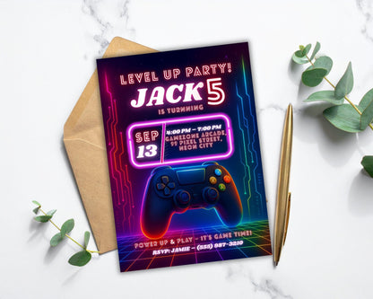 Gamer Birthday Invitation | Neon Cyberpunk Party Template | Video Game Birthday Invite BBM