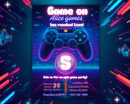 Editable Gamer Birthday Invitation | Neon Game Party | Video Games Birthday Card BBM
