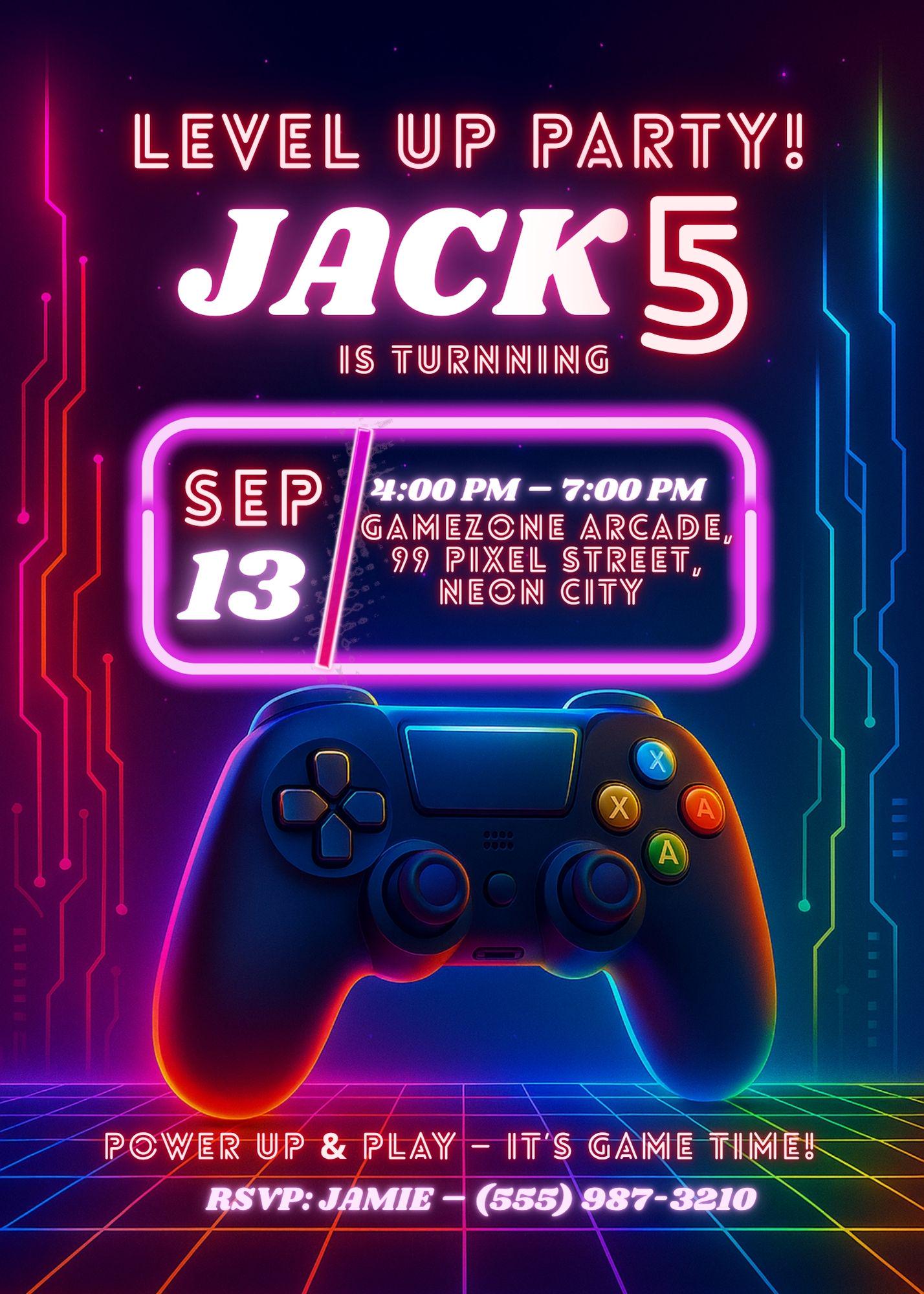 Gamer Birthday Invitation | Neon Cyberpunk Party Template | Video Game Birthday Invite BBM
