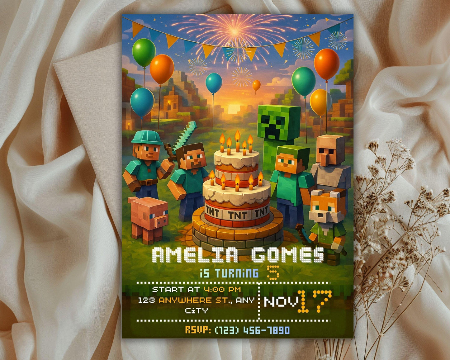 Gamer Birthday Invitation | Pixel Block Party, Adventure Game (Digital Download Card) BBM