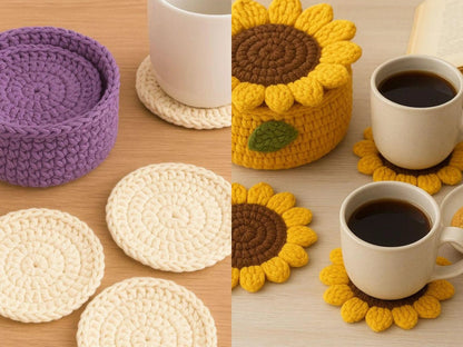 Crochet Pattern Bundle: Beginner Coaster Holder & Sunflower Coaster Basket BBM