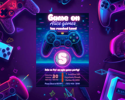 Editable Gamer Birthday Invitation | Neon Game Party | Video Games Birthday Card BBM
