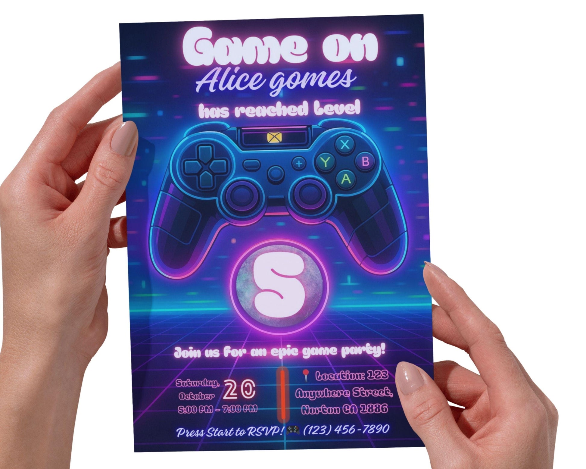 Editable Gamer Birthday Invitation | Neon Game Party | Video Games Birthday Card BBM
