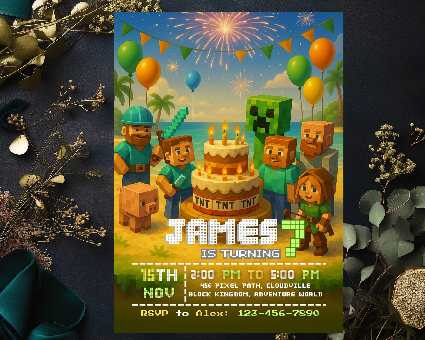 Editable Birthday Invitation | Pixel Desert Party Template | Adventure Game Theme | Boys Birthday Canva Invite BBM