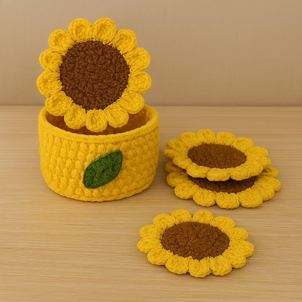 Sunflower Coaster Crochet Pattern | Basket & Lid PDF | DIY Flower Home Decor BBM