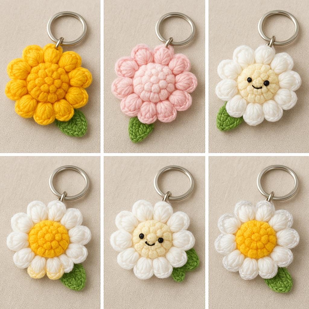 3D Daisy Keychain Crochet Pattern | Puff Stitch Flower PDF | Easy Crochet Gift Tutorial BBM