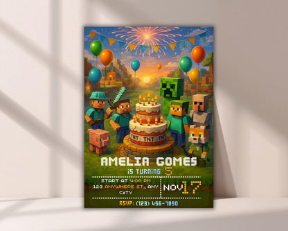 Gamer Birthday Invitation | Pixel Block Party, Adventure Game (Digital Download Card) BBM