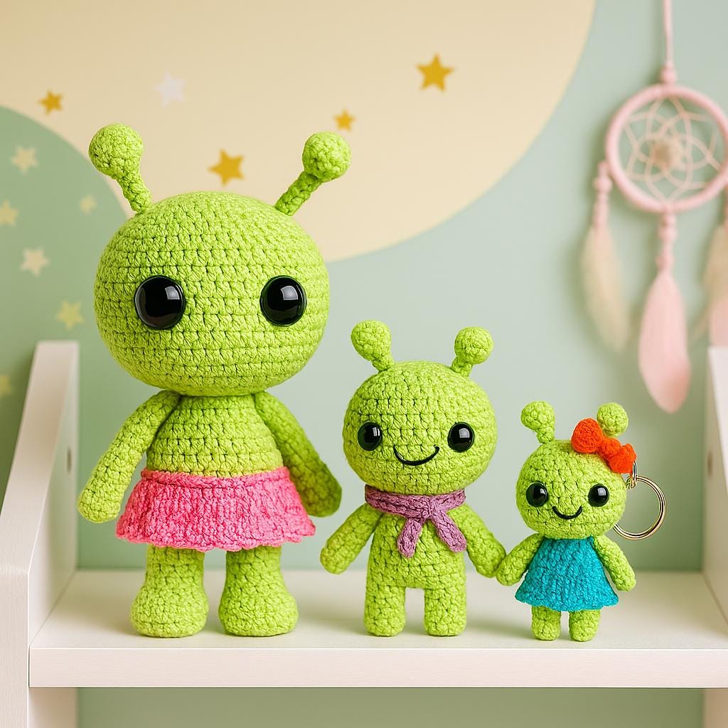 Alien Family Crochet Pattern Bundle | Plushie, Mini Keychain & Baby Amigurumi | Beginner Friendly PDF BBM
