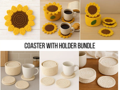 Crochet Pattern Bundle: Beginner Coaster Holder & Sunflower Coaster Basket BBM