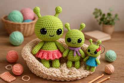 Alien Family Crochet Pattern Bundle | Plushie, Mini Keychain & Baby Amigurumi | Beginner Friendly PDF BBM