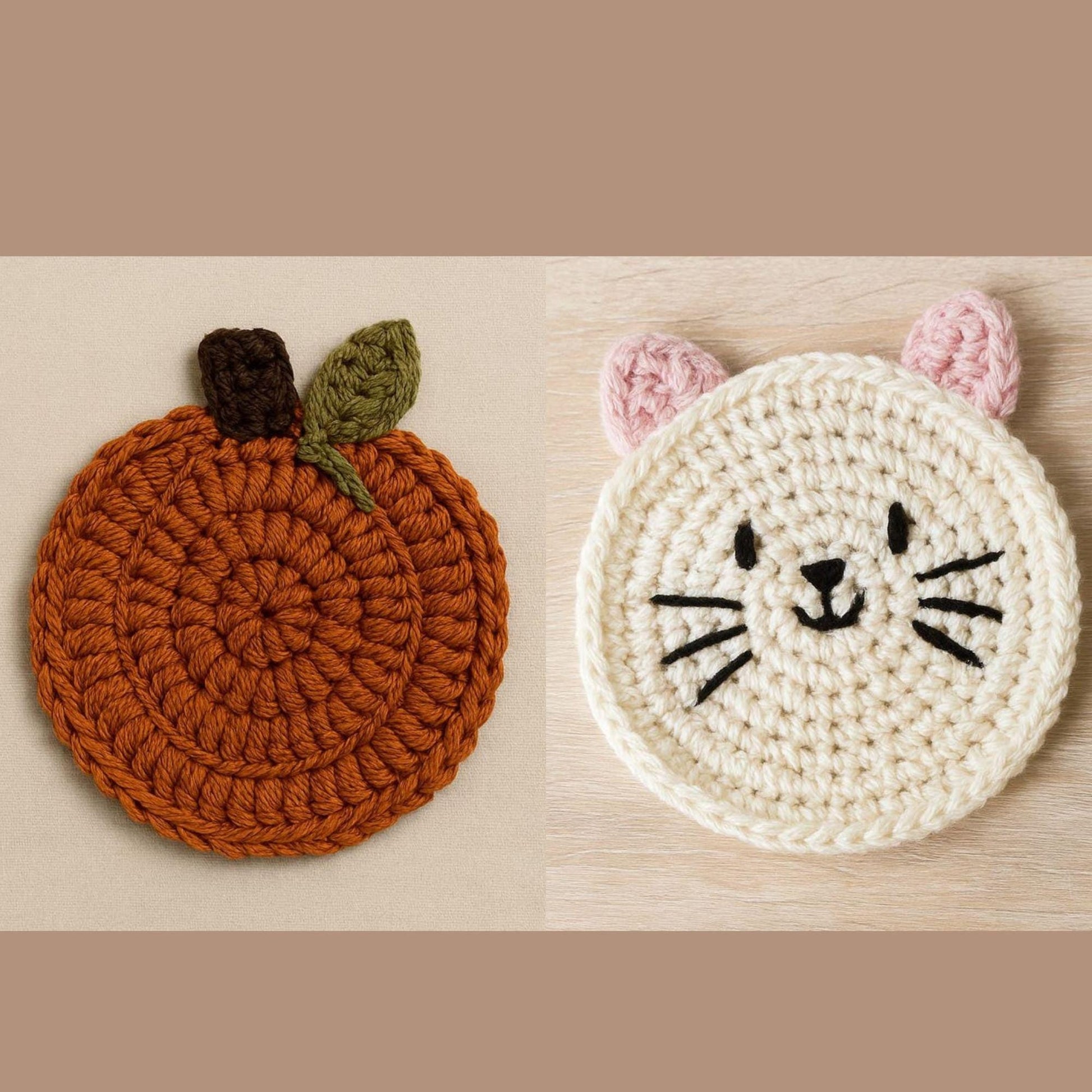 Crochet Coaster Pattern Bundle | 2 Easy PDF Patterns – Cat & Pumpkin Coaster Set BBM