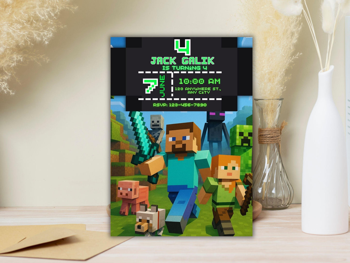 Editable Pixel Game Birthday Invitation | Block Party Card Canva Template (5x7) Digital File BBM