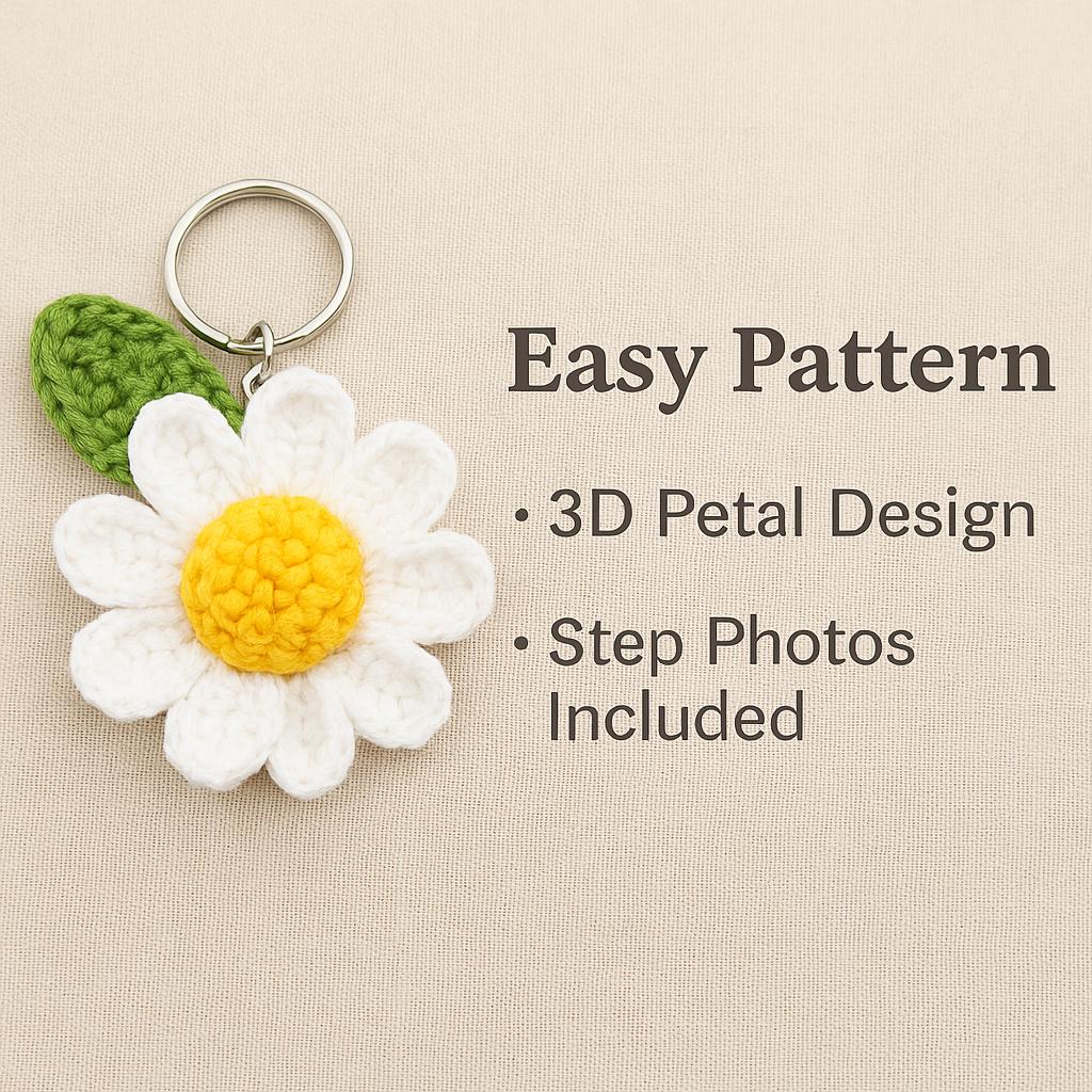 3D Daisy Keychain Crochet Pattern | Puff Stitch Flower PDF | Easy Crochet Gift Tutorial BBM